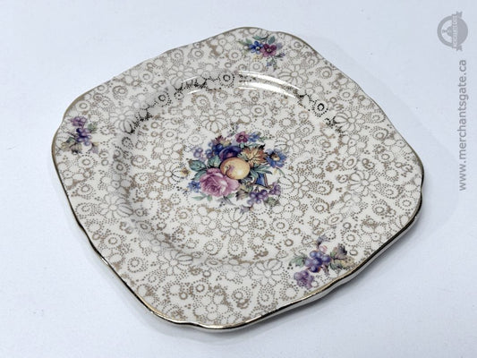H & K Tunstall 9′′ Square Dessert Plate – Made in England – Gilt Floral (Each)