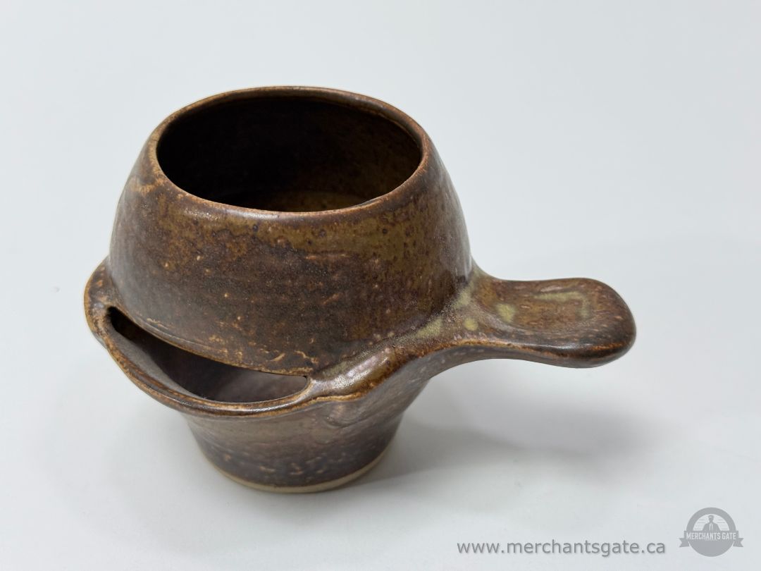 Guernsey Pottery Vintage Dark Brown Stoneware Egg Separator with Handle