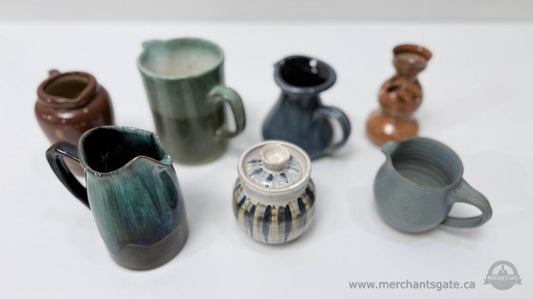 Studio Pottery Ceramic Lot Mixed Blue Green Brown Glazed Creamers Mugs and Vessels