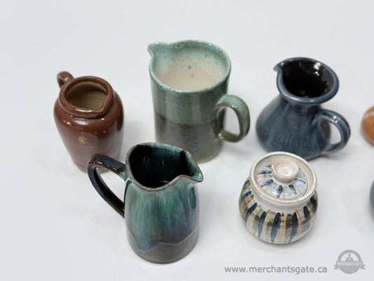 Studio Pottery Ceramic Lot Mixed Blue Green Brown Glazed Creamers Mugs and Vessels