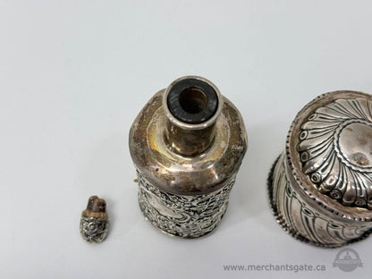Silver Plate Vanity Set Perfume Bottle Powder Jar and Pin Dish Decorative Tableware