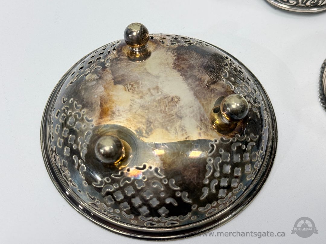Silver Plate Vanity Set Perfume Bottle Powder Jar and Pin Dish Decorative Tableware