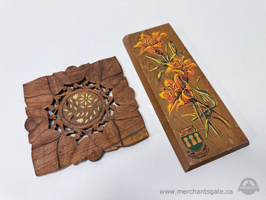 Vintage Wooden Wall Plaques Prairie Lily Saskatchewan Folk Art Carved and Painted Set