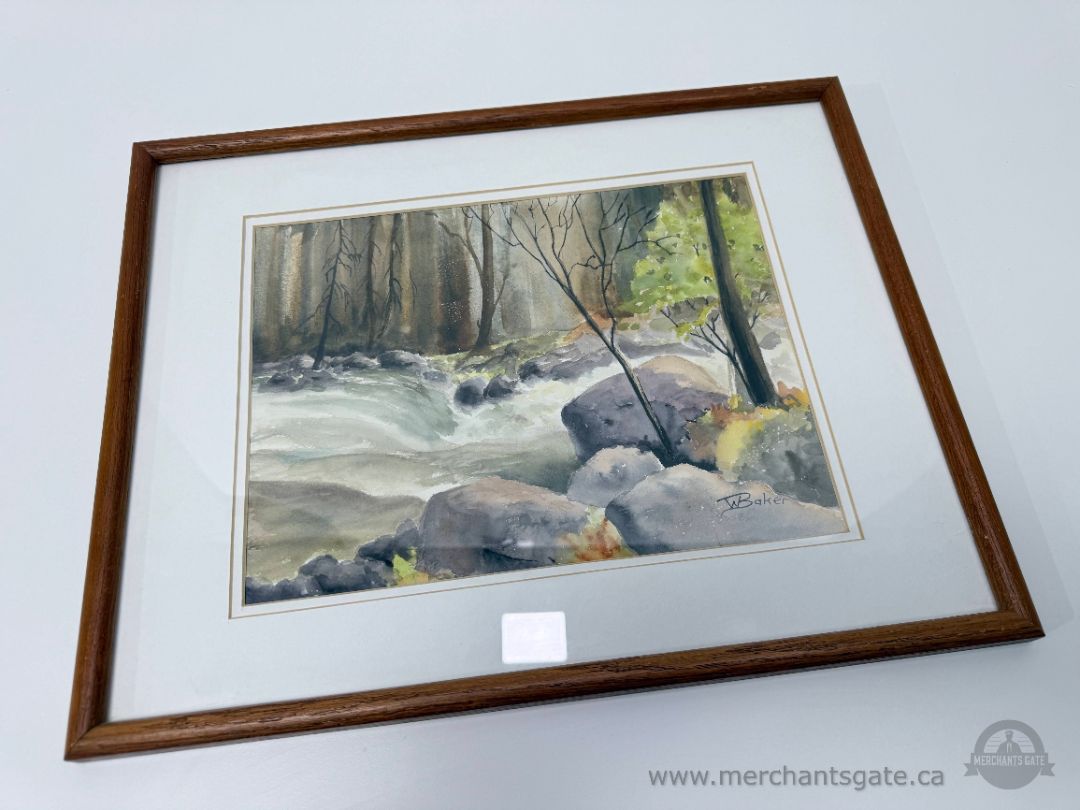 W. Baker Framed Landscape Print – Woodland Stream Scene – 19" x 15"