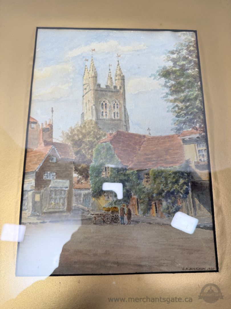 Original Watercolour Town Scene by G.H. Buckman (1920) Signed / Framed Antique Art