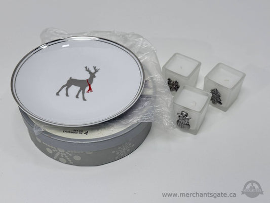 Holiday Dessert Plate Set – 4 Porcelain Plates with Holiday Candles (New)