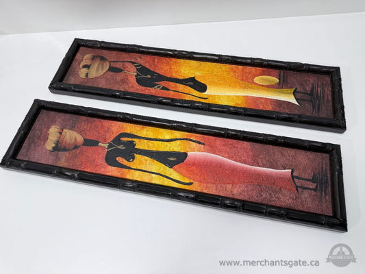 Framed African Art Wall Panels Pair Woman Figurative Prints Bamboo Style Frame