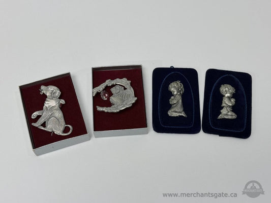 Set of Four Pewter Window and Wall Decor Dog Owl and Cesellato Praying Children