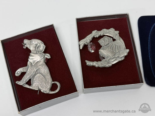 Set of Four Pewter Window and Wall Decor Dog Owl and Cesellato Praying Children