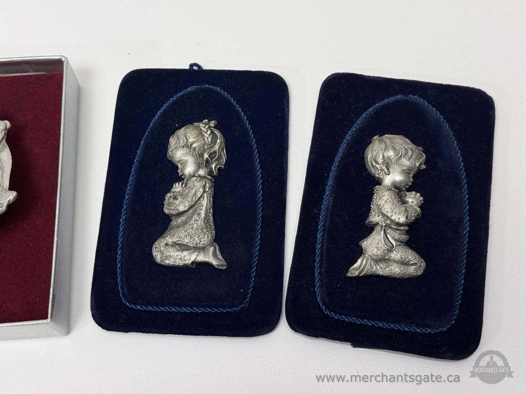 Set of Four Pewter Window and Wall Decor Dog Owl and Cesellato Praying Children
