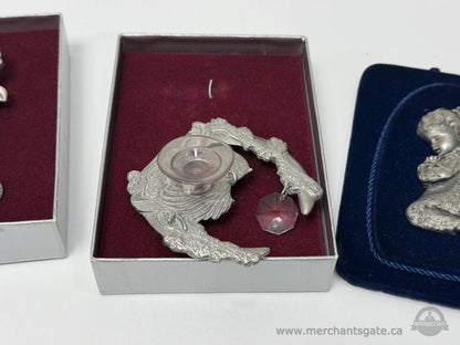 Set of Four Pewter Window and Wall Decor Dog Owl and Cesellato Praying Children