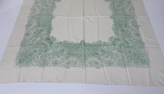 Vintage Paisley Pattern Scarf Cream and Green Lightweight Fabric 38 Inch Length