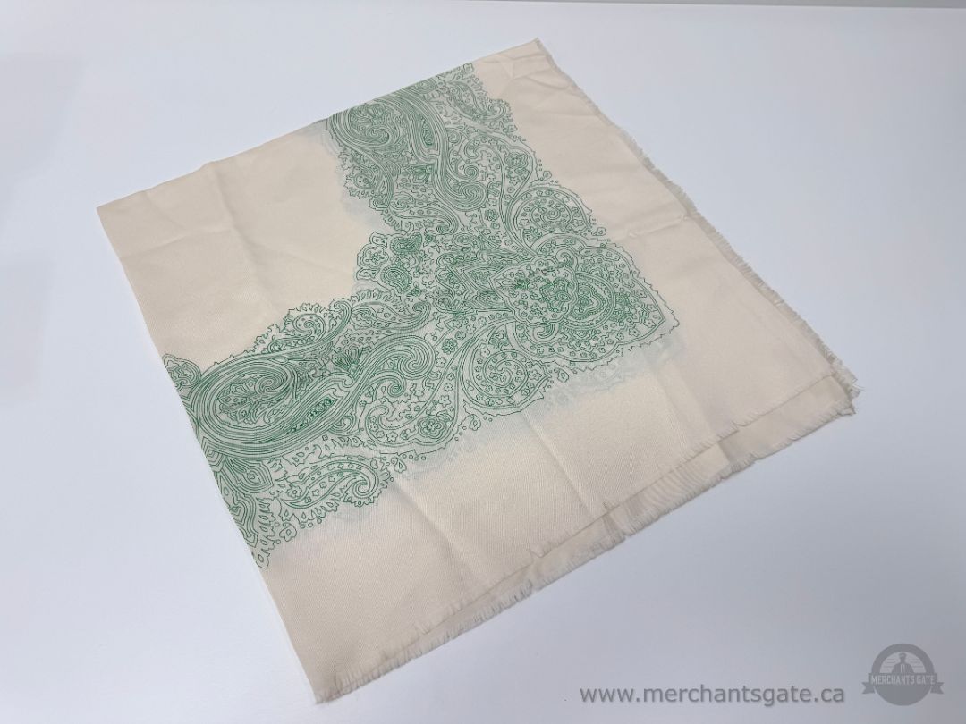 Vintage Paisley Pattern Scarf Cream and Green Lightweight Fabric 38 Inch Length