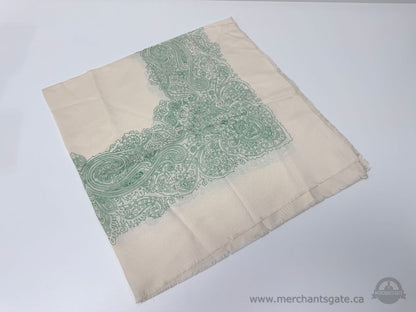 Vintage Paisley Pattern Scarf Cream and Green Lightweight Fabric 38 Inch Length