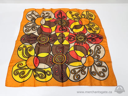 Vintage Mod Floral Scarf Orange Yellow Brown Graphic Pattern