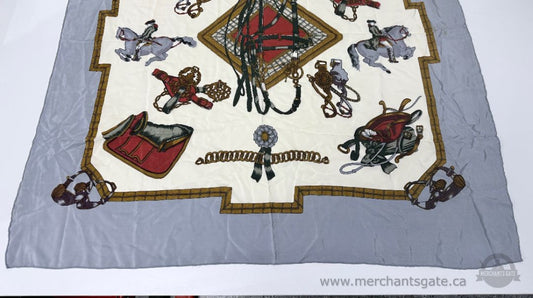 Vintage Equestrian Themed Scarf Cream Gray Multicolor Approx 22 in Length
