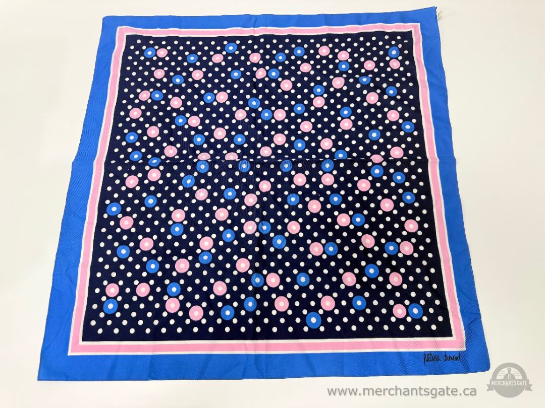 Vintage Signed Patricia Dumont Polka Dot Pattern Scarf Blue Pink White Made in Italy