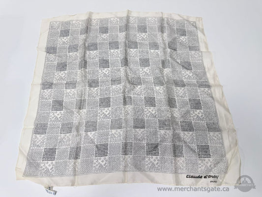 Vintage Claude d’Arcy Paris Geometric Pattern Silk Scarf Ivory Black
