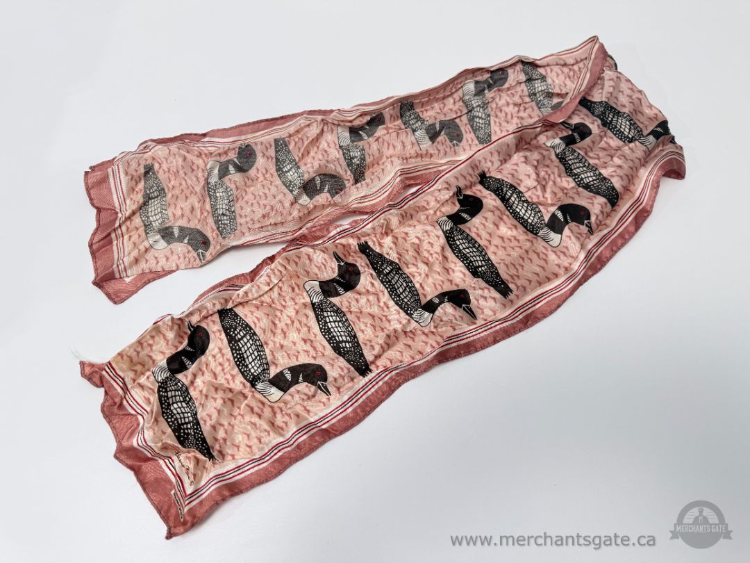 Vintage Eleanor Paine Loon Bird Print Scarf Pink Brown Black Made in Canada