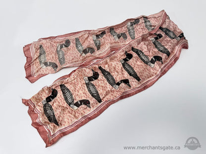 Vintage Eleanor Paine Loon Bird Print Scarf Pink Brown Black Made in Canada