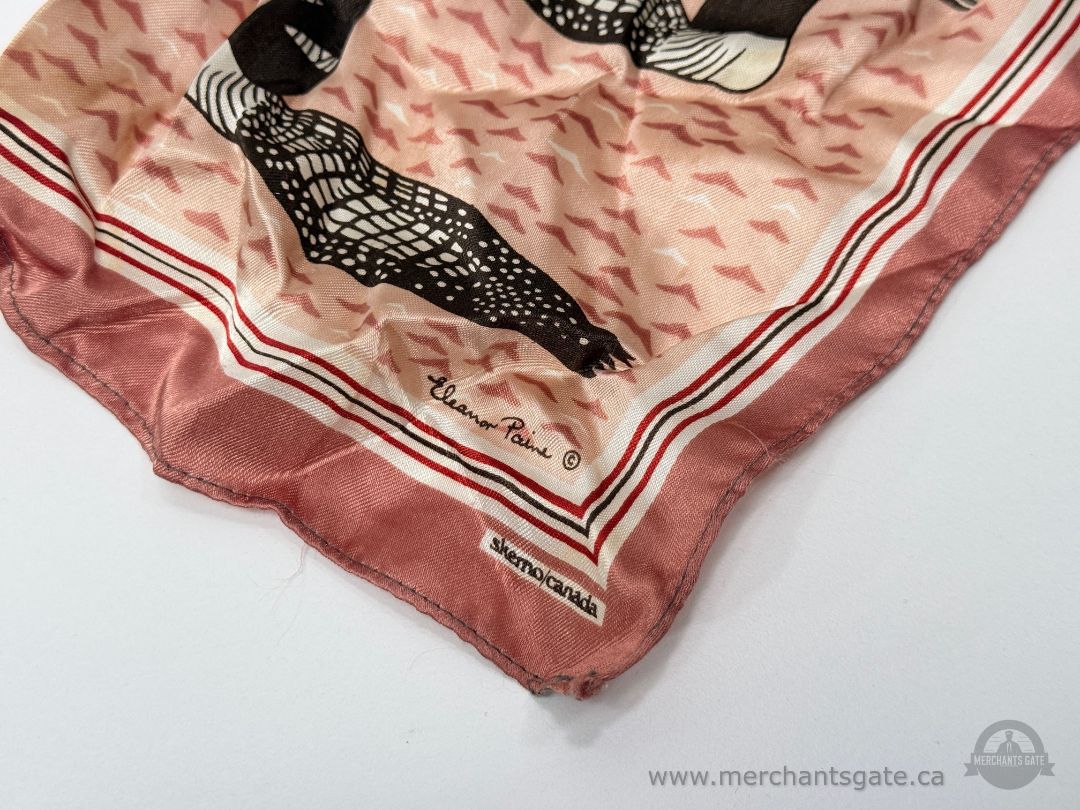 Vintage Eleanor Paine Loon Bird Print Scarf Pink Brown Black Made in Canada