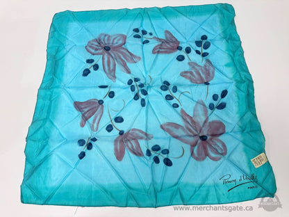 Vintage Remoy d’Urville Paris Hand Painted Silk Scarf Turquoise Floral Made in France