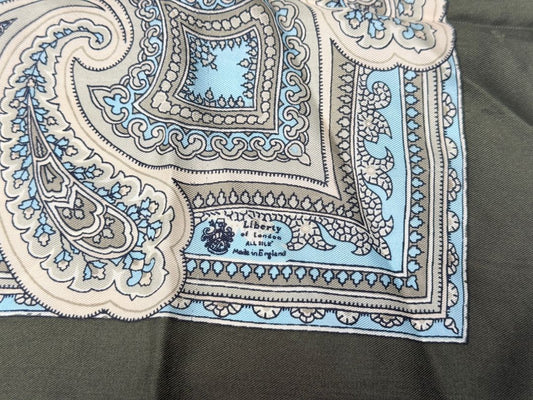 Vintage Liberty of London Paisley Pattern Silk Scarf Green Blue Ivory Made in England