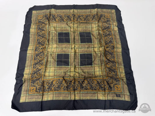 Vintage Liberty of London Plaid Paisley Pattern Silk Scarf Black Gold Green Made in England