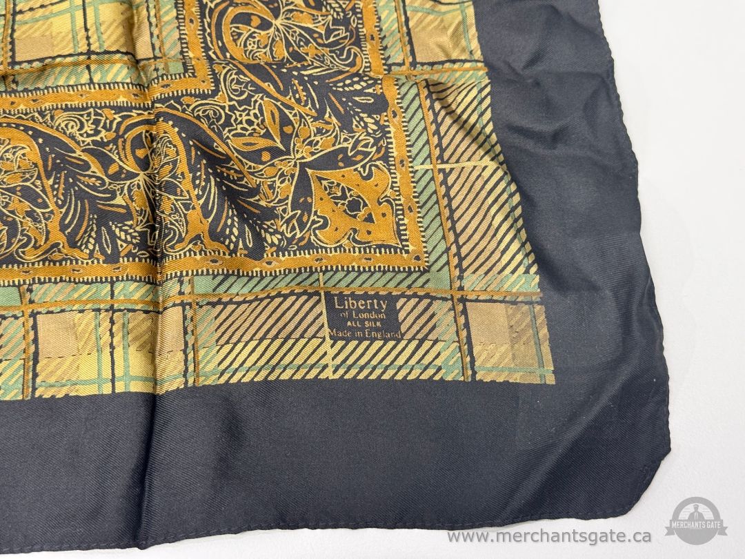 Vintage Liberty of London Plaid Paisley Pattern Silk Scarf Black Gold Green Made in England