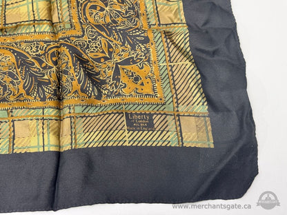 Vintage Liberty of London Plaid Paisley Pattern Silk Scarf Black Gold Green Made in England