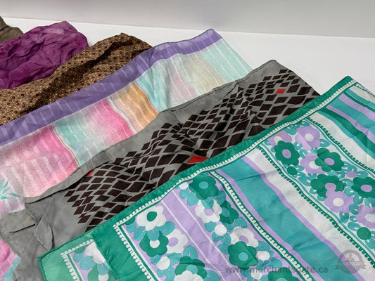 Vintage Long Scarf Lot (6) – 1960s–1980s Retro Silk + Synthetic Scarves