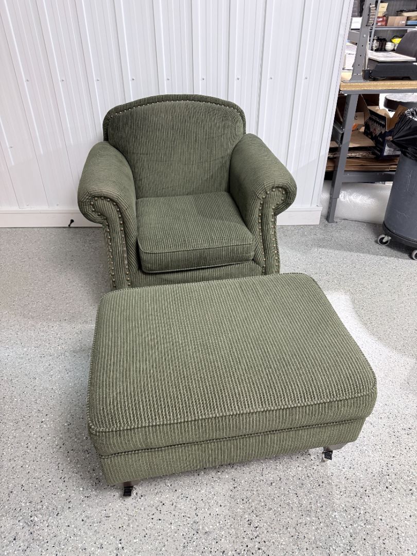 Traditional Green Armchair with Nailhead Trim + Storage Ottoman