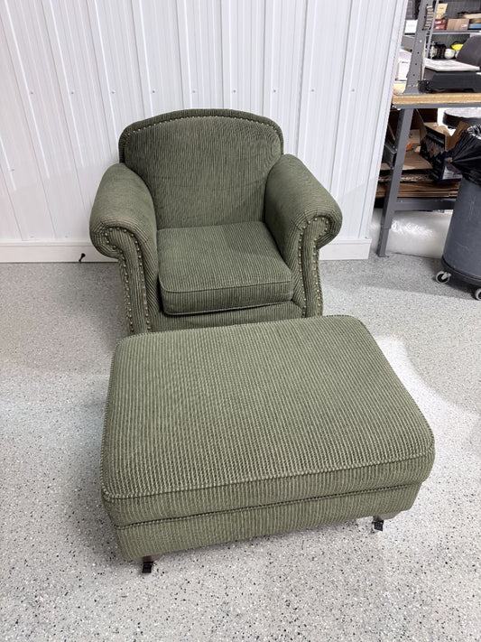 Traditional Green Armchair with Nailhead Trim + Storage Ottoman