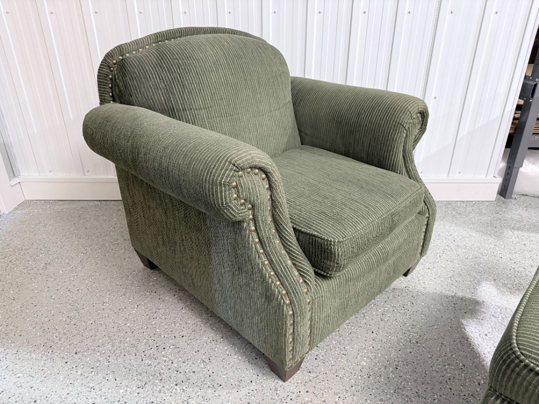 Traditional Green Armchair with Nailhead Trim + Storage Ottoman