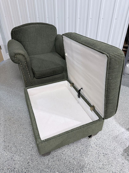 Traditional Green Armchair with Nailhead Trim + Storage Ottoman