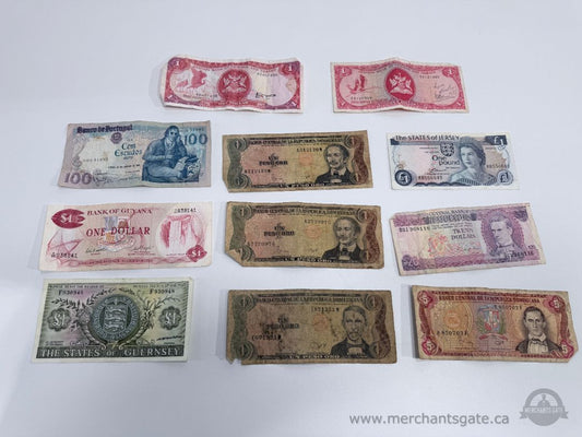 Mixed Lot of 11 Vintage World Banknotes Portugal Jersey Guernsey Dominican Guyana
