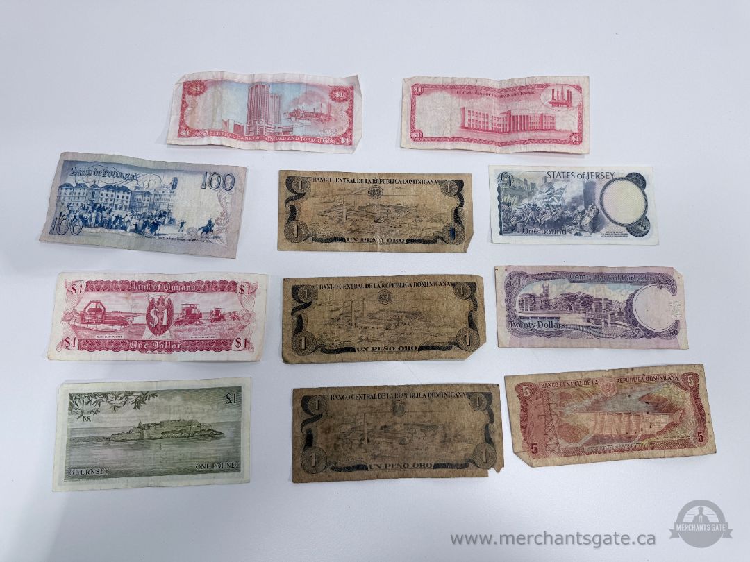 Mixed Lot of 11 Vintage World Banknotes Portugal Jersey Guernsey Dominican Guyana