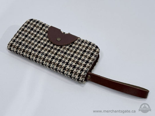 Vintage Houndstooth Tweed and Brown Leather Wallet Clutch Purse