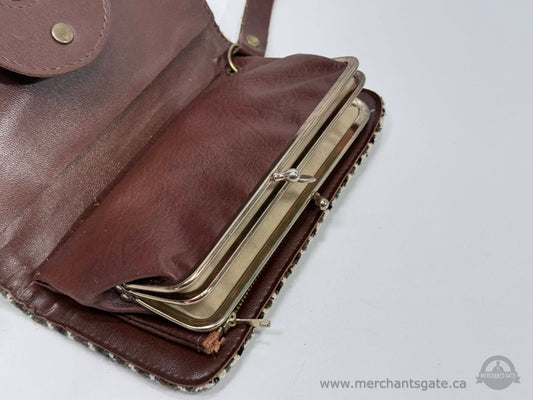 Vintage Houndstooth Tweed and Brown Leather Wallet Clutch Purse