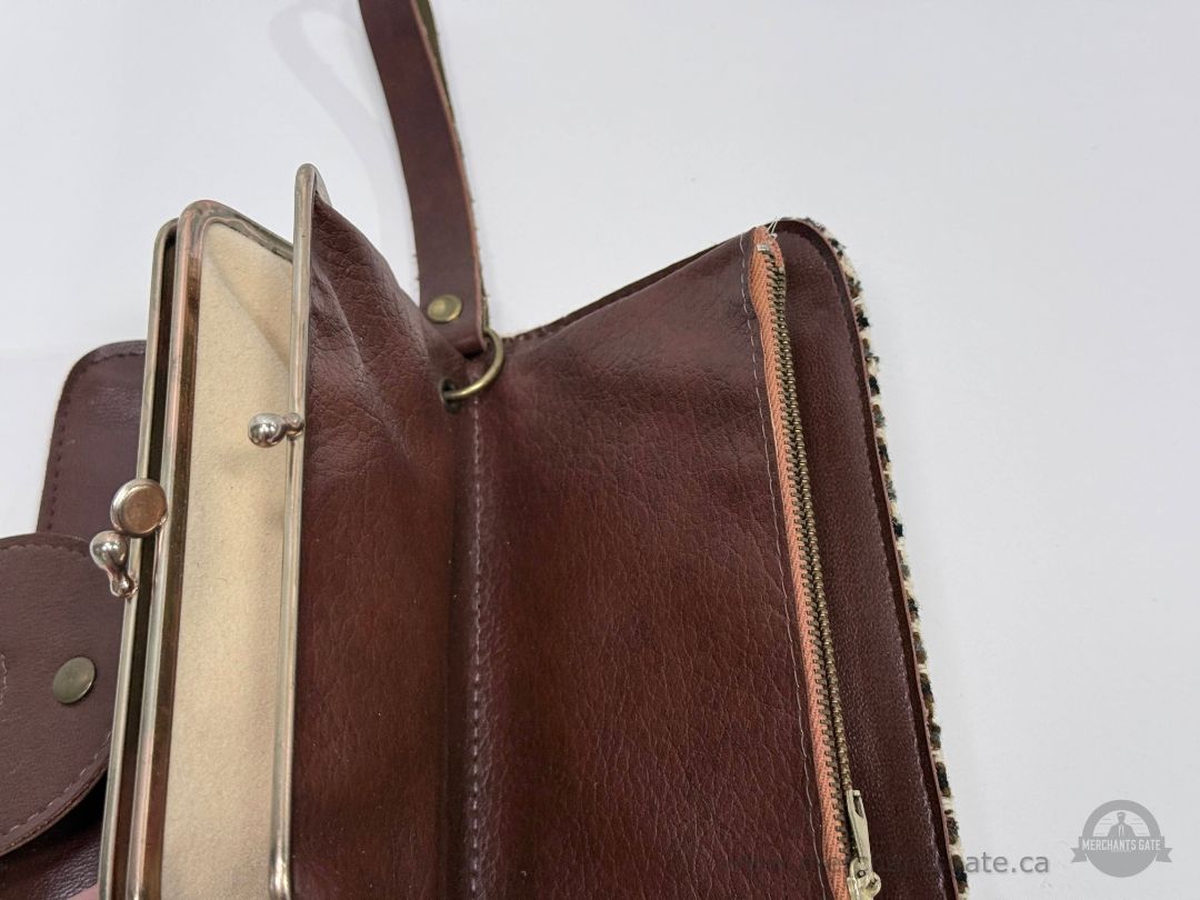 Vintage Houndstooth Tweed and Brown Leather Wallet Clutch Purse