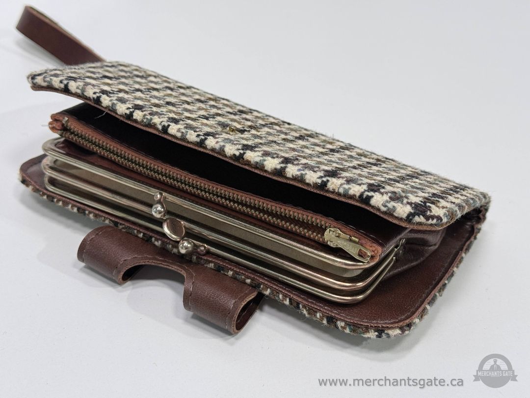 Vintage Houndstooth Tweed and Brown Leather Wallet Clutch Purse