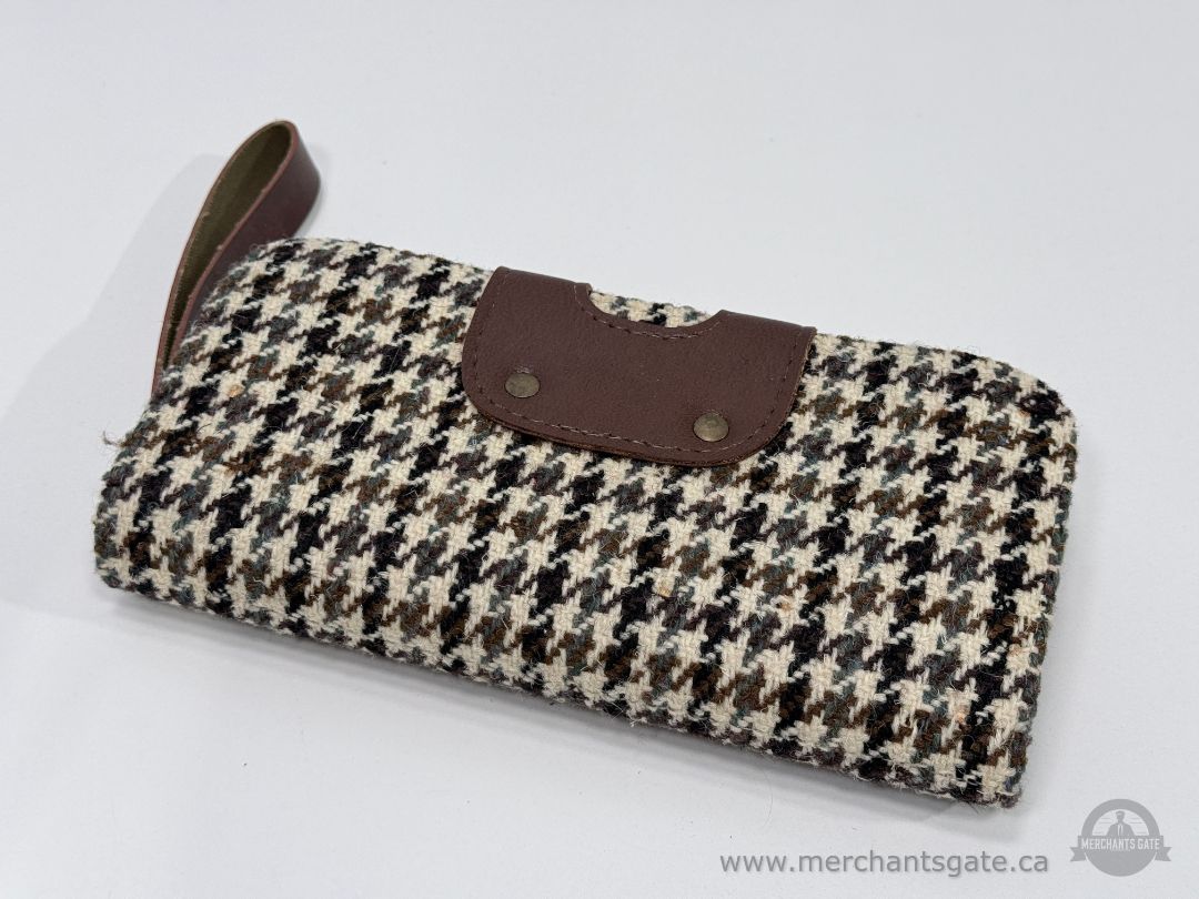 Vintage Houndstooth Tweed and Brown Leather Wallet Clutch Purse