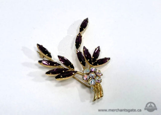Vintage Gold Tone Brooch with Purple Rhinestones Floral Spray Design