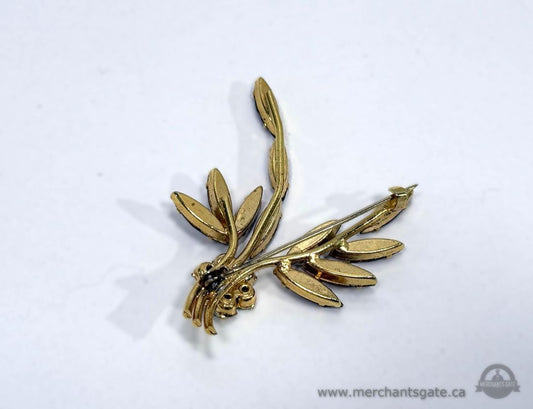 Vintage Gold Tone Brooch with Purple Rhinestones Floral Spray Design