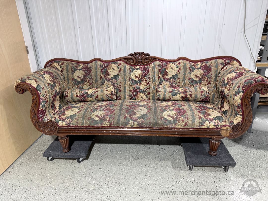 Victorian Rococo Revival Style Carved Wood Sofa 92" Floral Tapestry Upholstery with Scroll Arms & Crest
