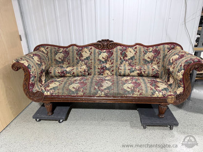 Victorian Rococo Revival Style Carved Wood Sofa 92" Floral Tapestry Upholstery with Scroll Arms & Crest
