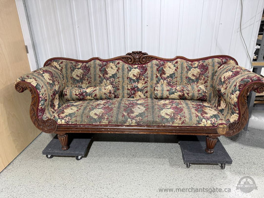 Victorian Rococo Revival Style Carved Wood Sofa 92" Floral Tapestry Upholstery with Scroll Arms & Crest