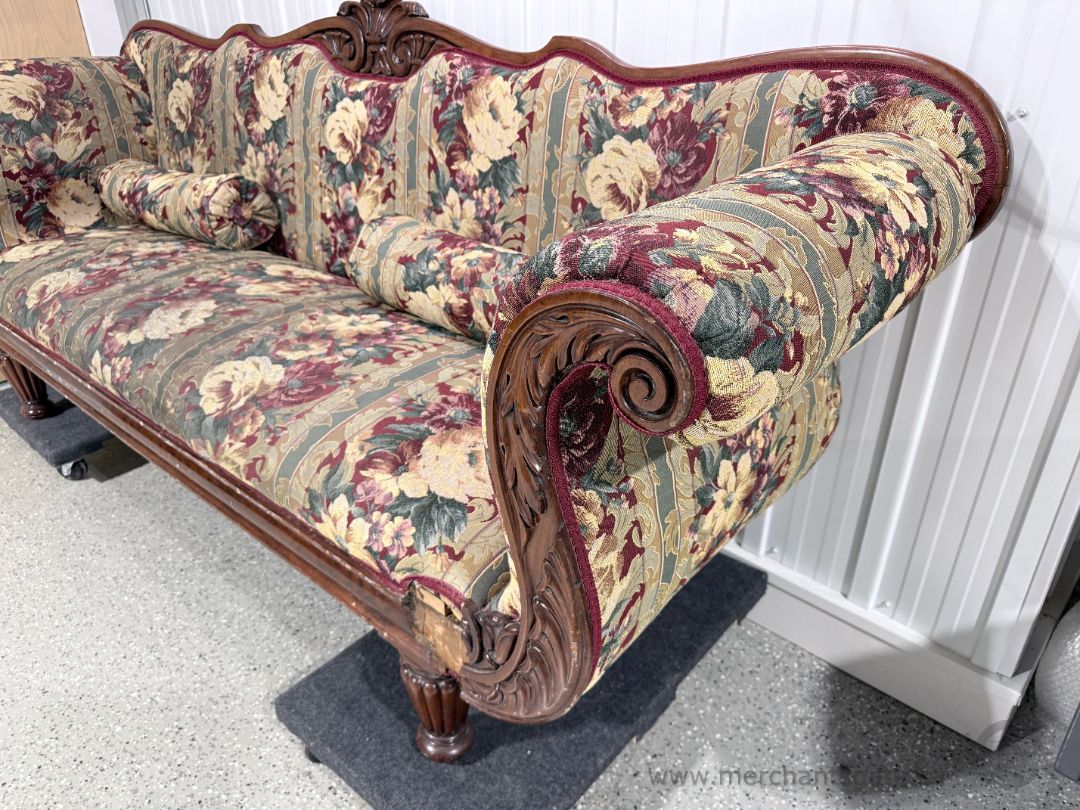 Victorian Rococo Revival Style Carved Wood Sofa 92" Floral Tapestry Upholstery with Scroll Arms & Crest