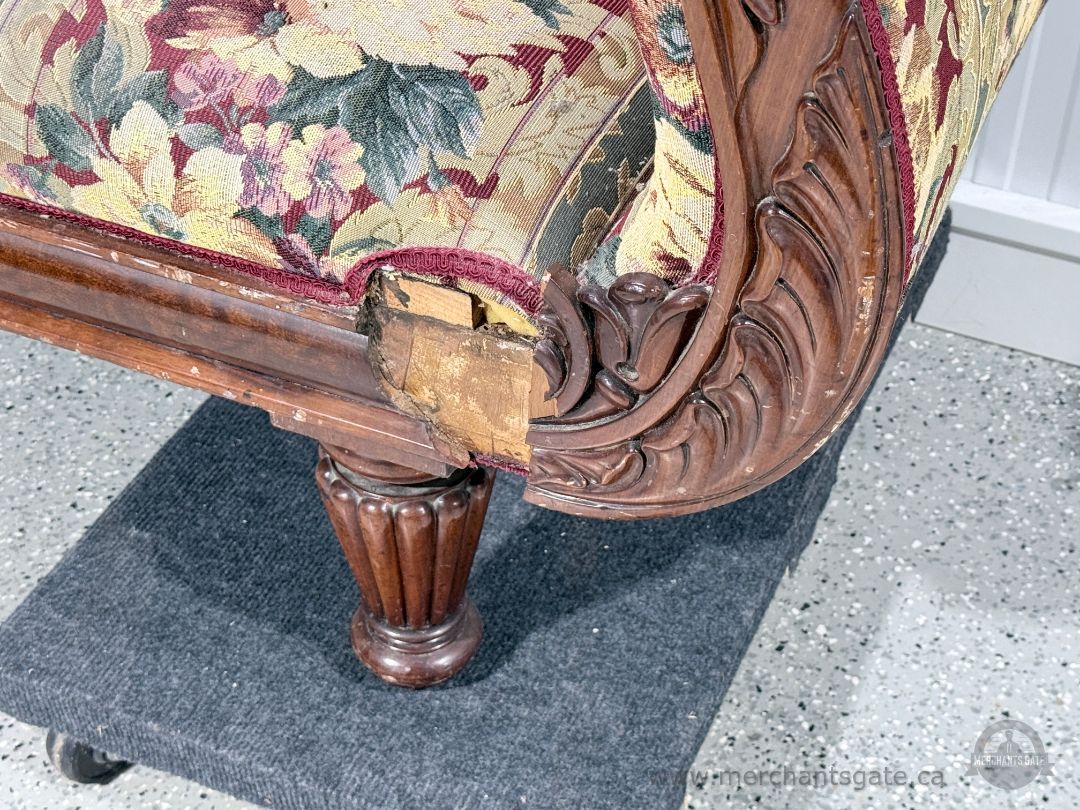 Victorian Rococo Revival Style Carved Wood Sofa 92" Floral Tapestry Upholstery with Scroll Arms & Crest