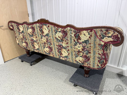 Victorian Rococo Revival Style Carved Wood Sofa 92" Floral Tapestry Upholstery with Scroll Arms & Crest